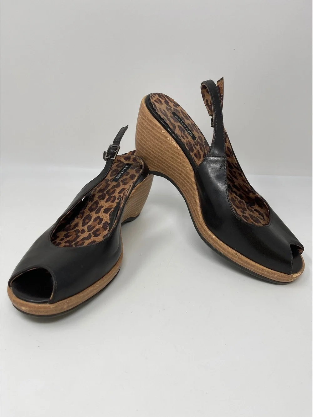 Rampage Vintage Y2K Black Wedge Heels Peep Toe Leopard Print Slingback Shoes 8M